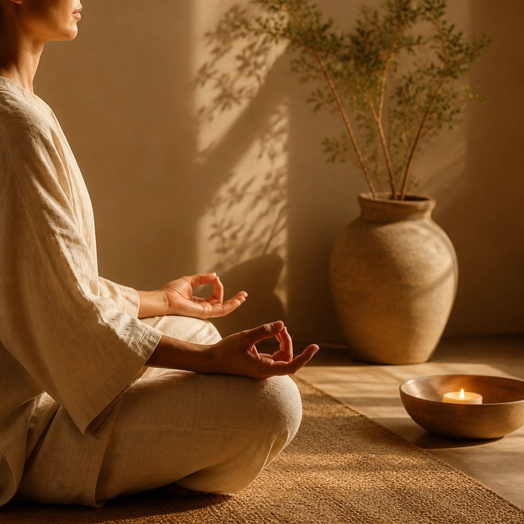 A person practicing mindful breathing in a serene, sunlit environment, draped in natural linen.