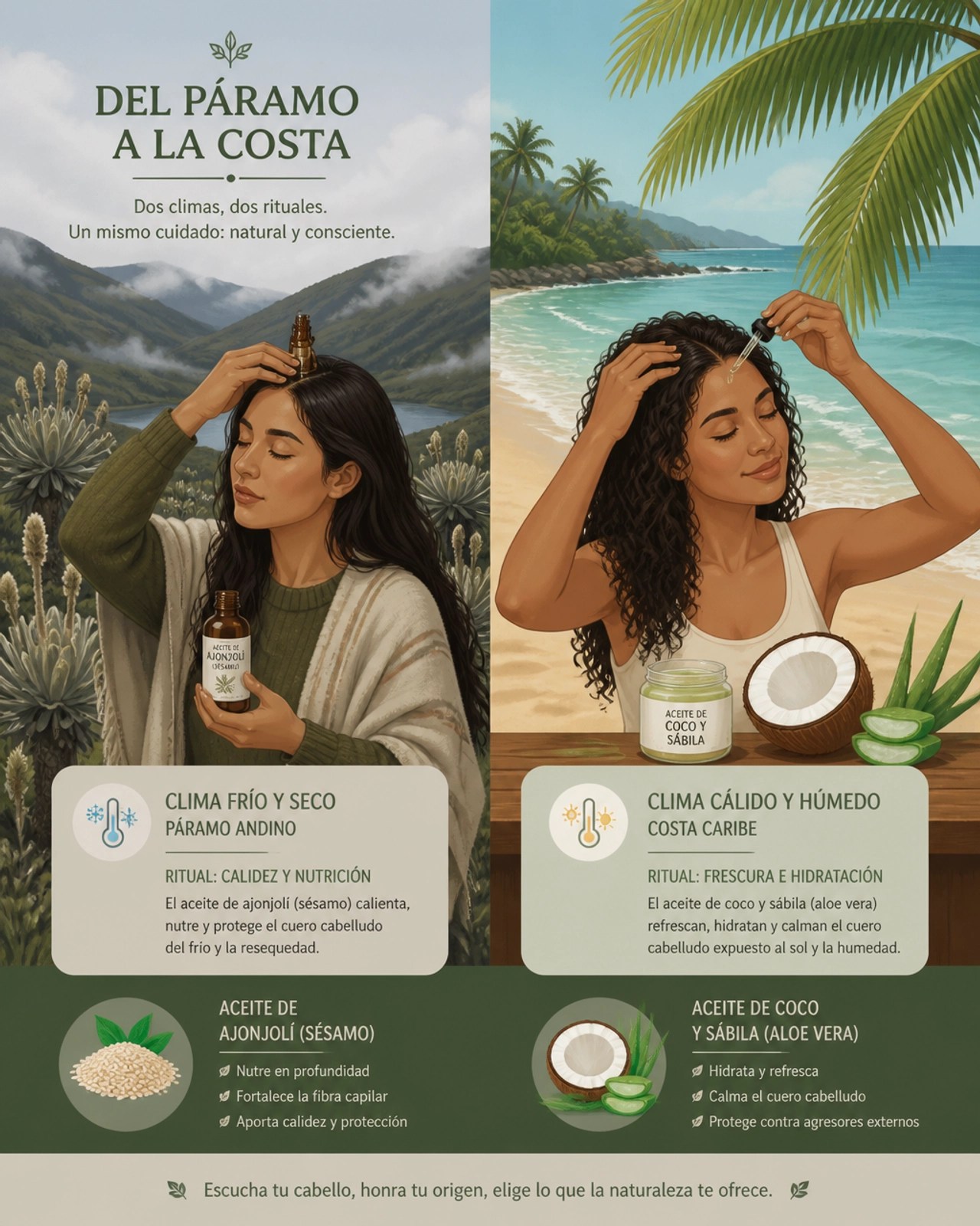 Ilustración que muestra la elección de aceites según el clima: Páramo frío vs Costa cálida