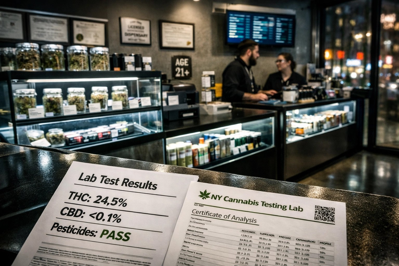 Licensed New York cannabis dispensary interior with regulated products and compliance testing