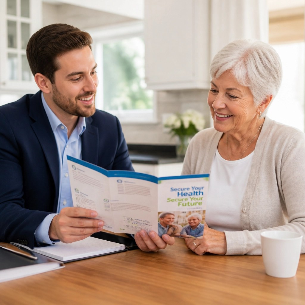 A professional agent consulting with a senior woman at a kitchen table.