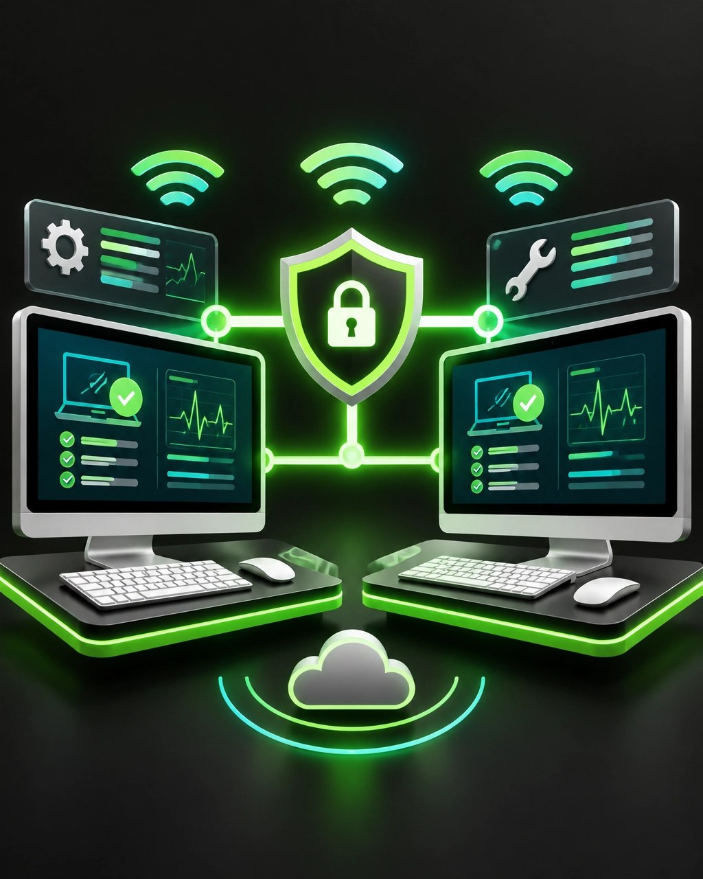 Remote IT support illustration showing connected workstations, diagnostics, Wi-Fi signals, and secure network protection