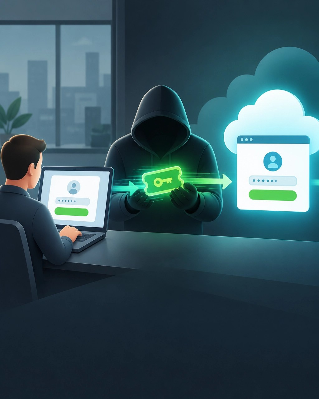 An attacker intercepts a glowing session token between a user and a generic cloud login page