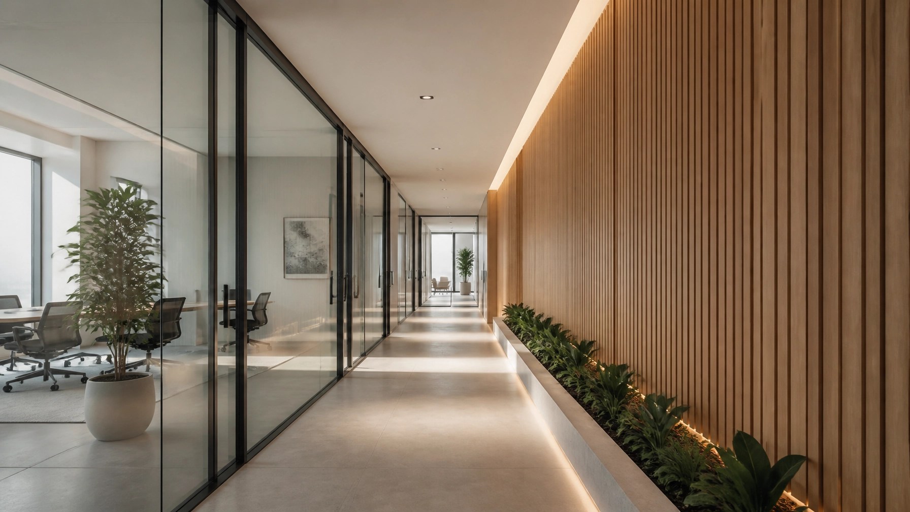 Modern minimalist office corridor symbolizing clear digital infrastructure for Answer Engine Optimization