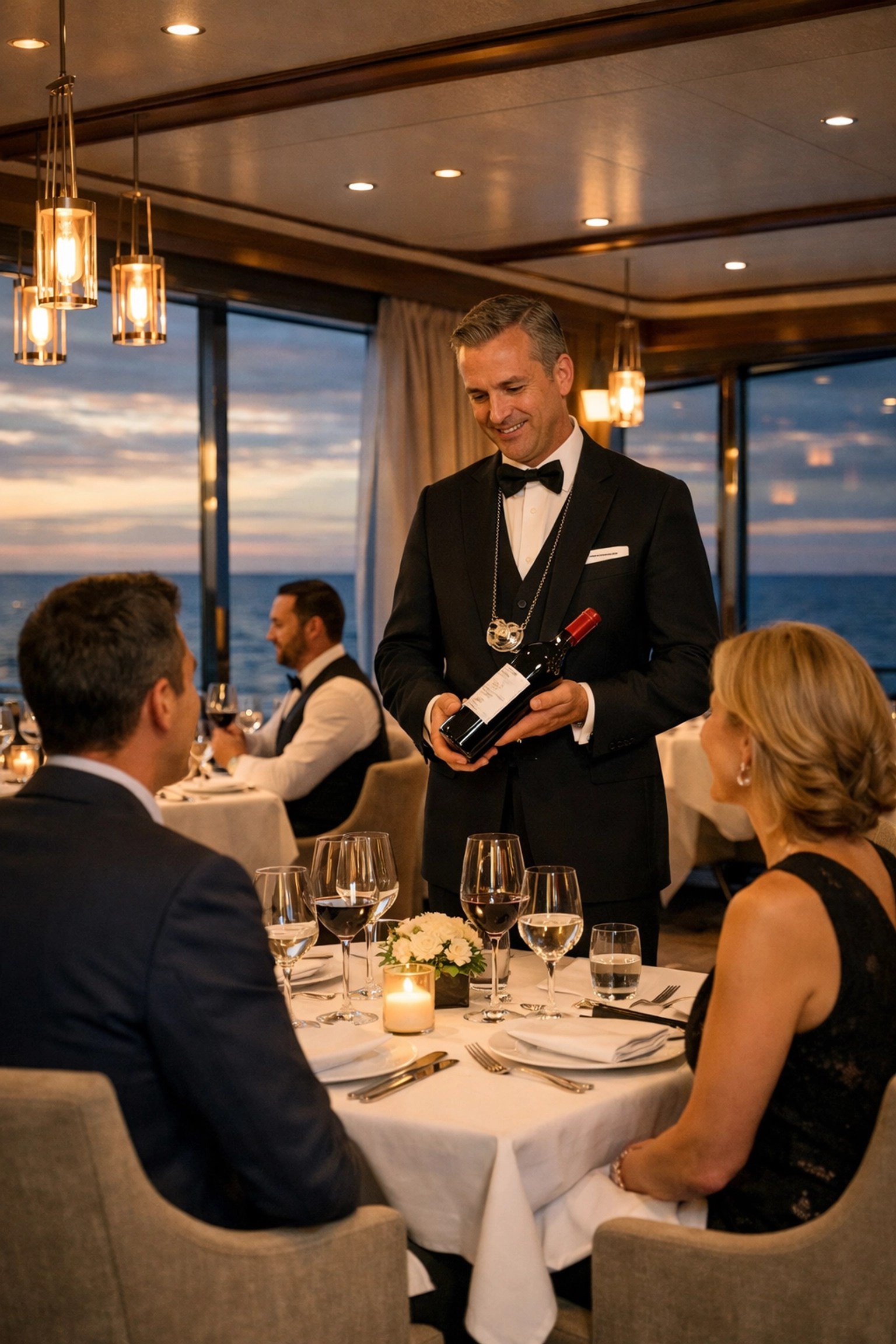 Fine dining restaurant aboard luxury yacht with sommelier providing personalized service to guests