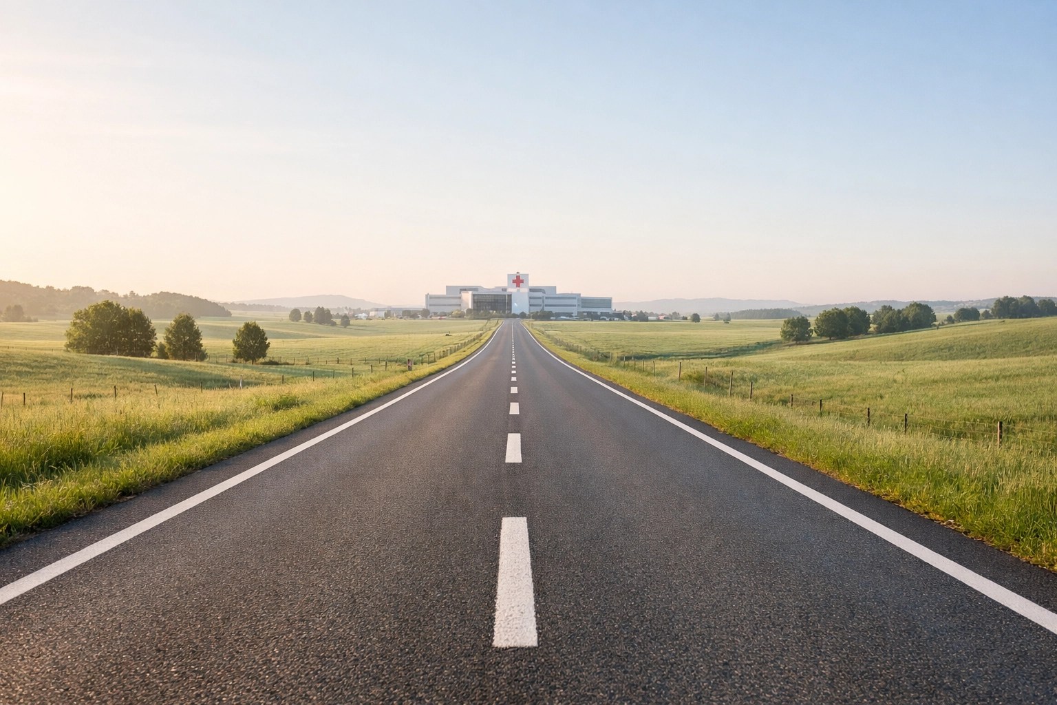 Rural road stretching toward a distant hospital, illustrating the physical barriers to healthcare access.