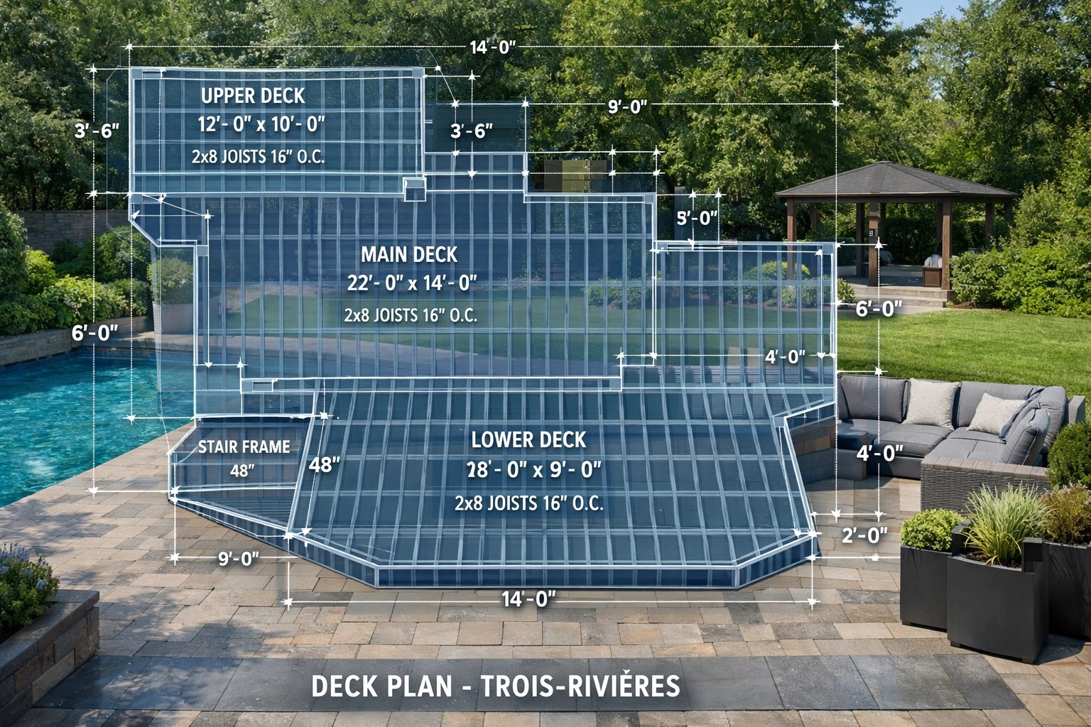 Plan architectural détaillé pour la construction d'une terrasse résidentielle à Trois-Rivières.