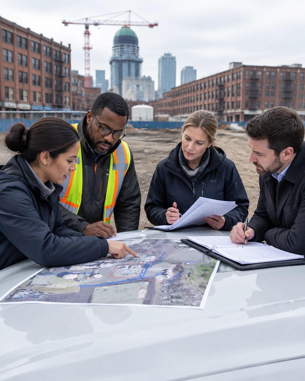 Development team reviewing environmental covenants, site plans, and compliance responsibilities at a New Jersey brownfield project