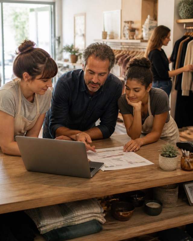 Retail owner and employees reviewing a weekly staff schedule