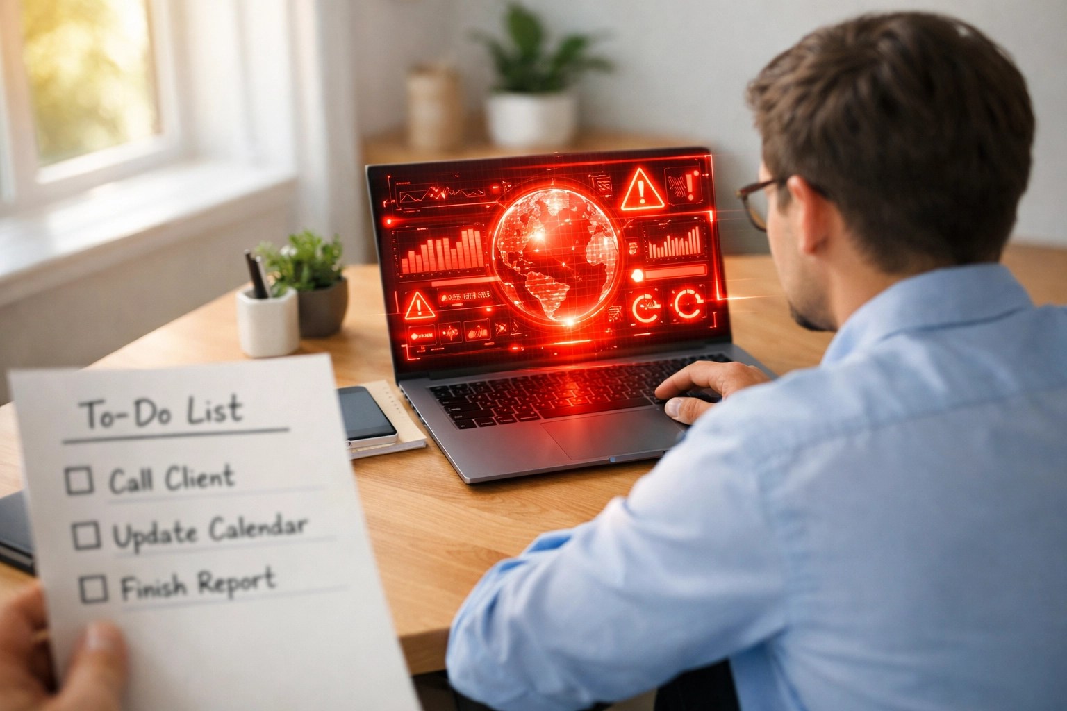 Professional analyzing AI technology at a desk, representing key strategies in operations management consulting.