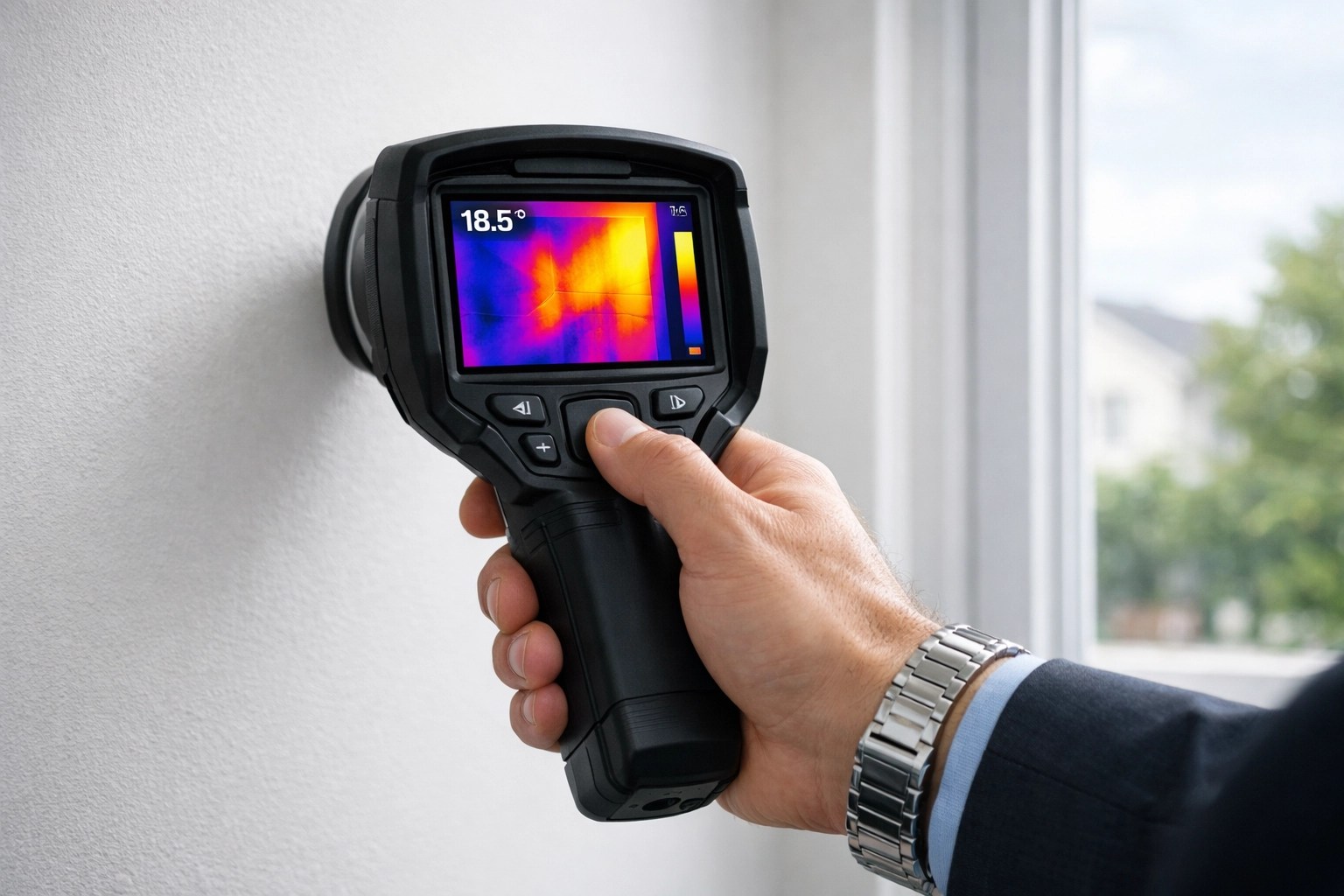 Real estate professional using a thermal imaging camera to inspect a home for hidden maintenance costs.