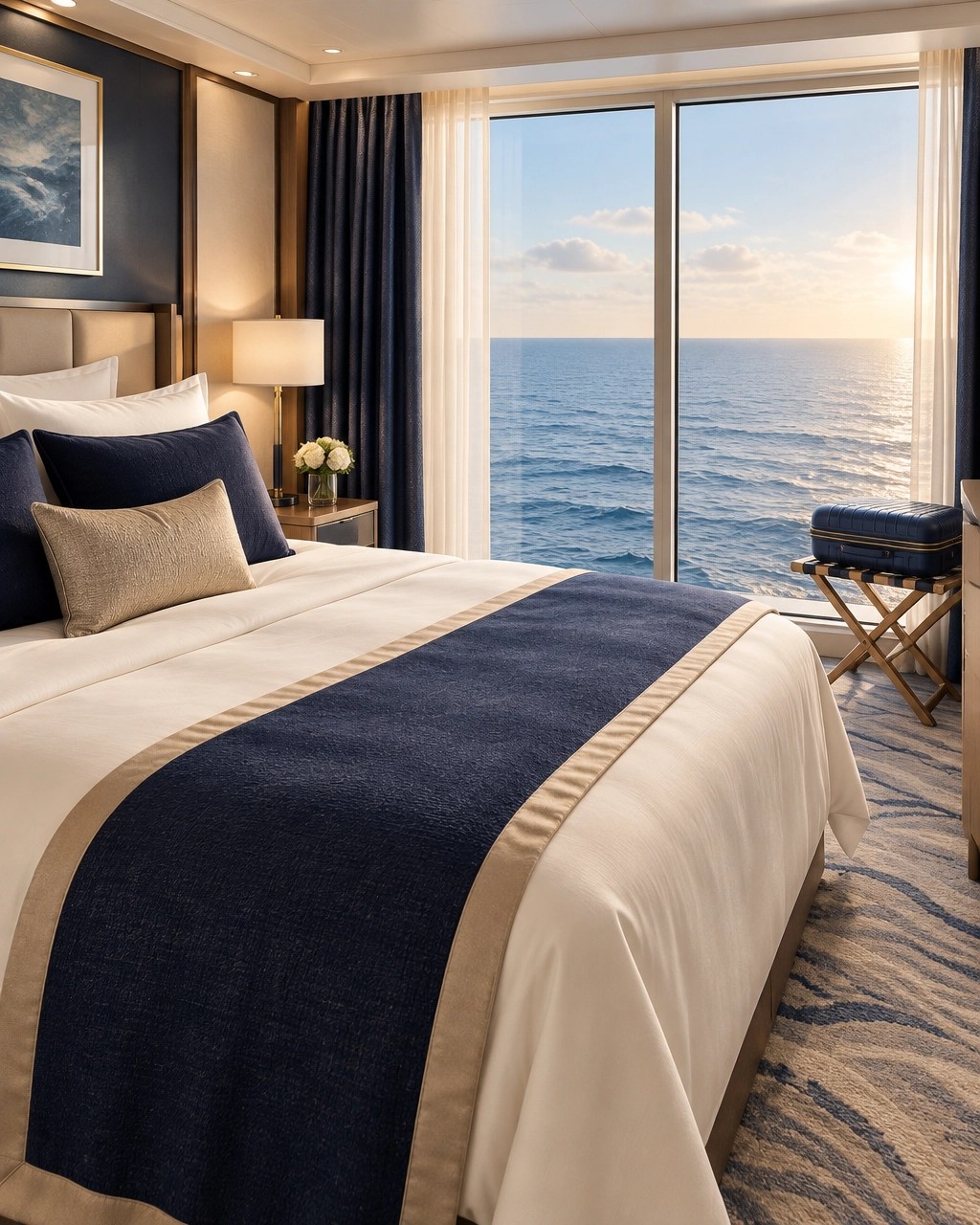 Serene luxury cruise cabin with an ocean view and organized luggage