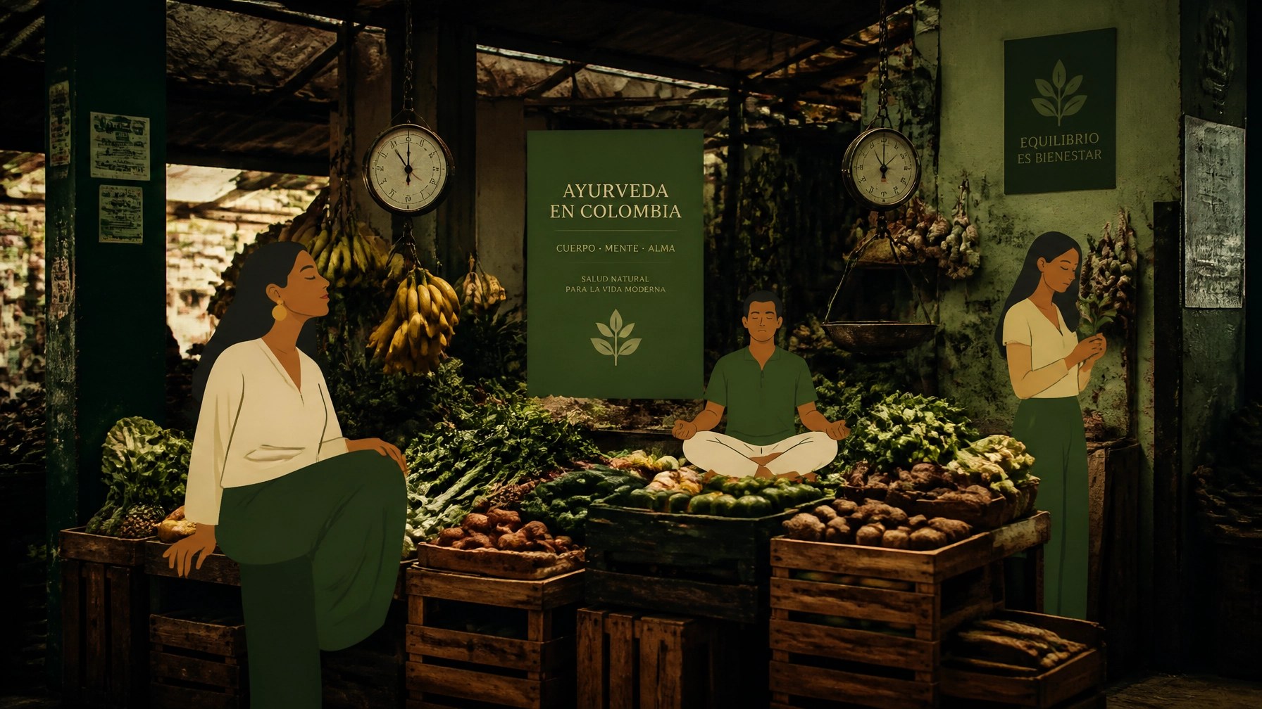Escena de una plaza de mercado colombiana que refleja la conexión entre la biodiversidad local y la salud integral