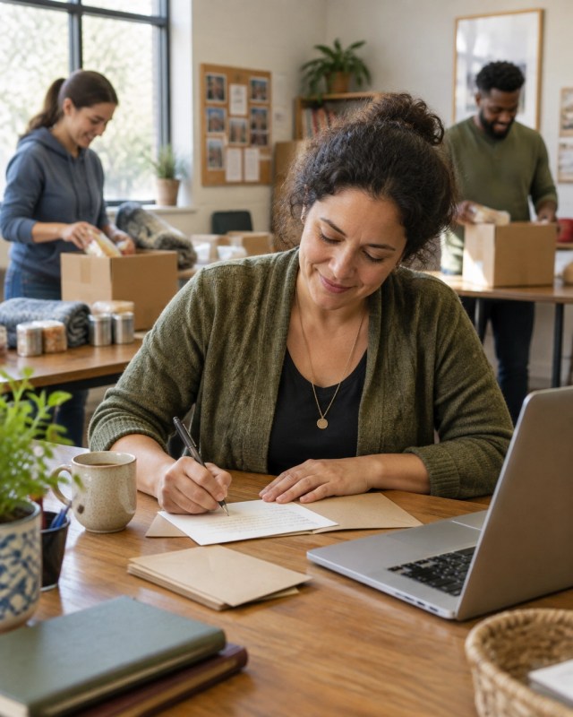 Nonprofit development director preparing a donor thank-you note beside a laptop
