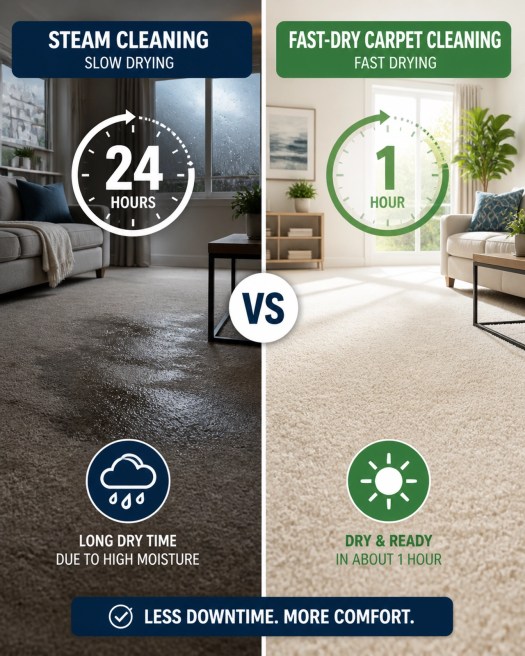 Comparison between slow-drying steam cleaning and fast-drying carpet cleaning