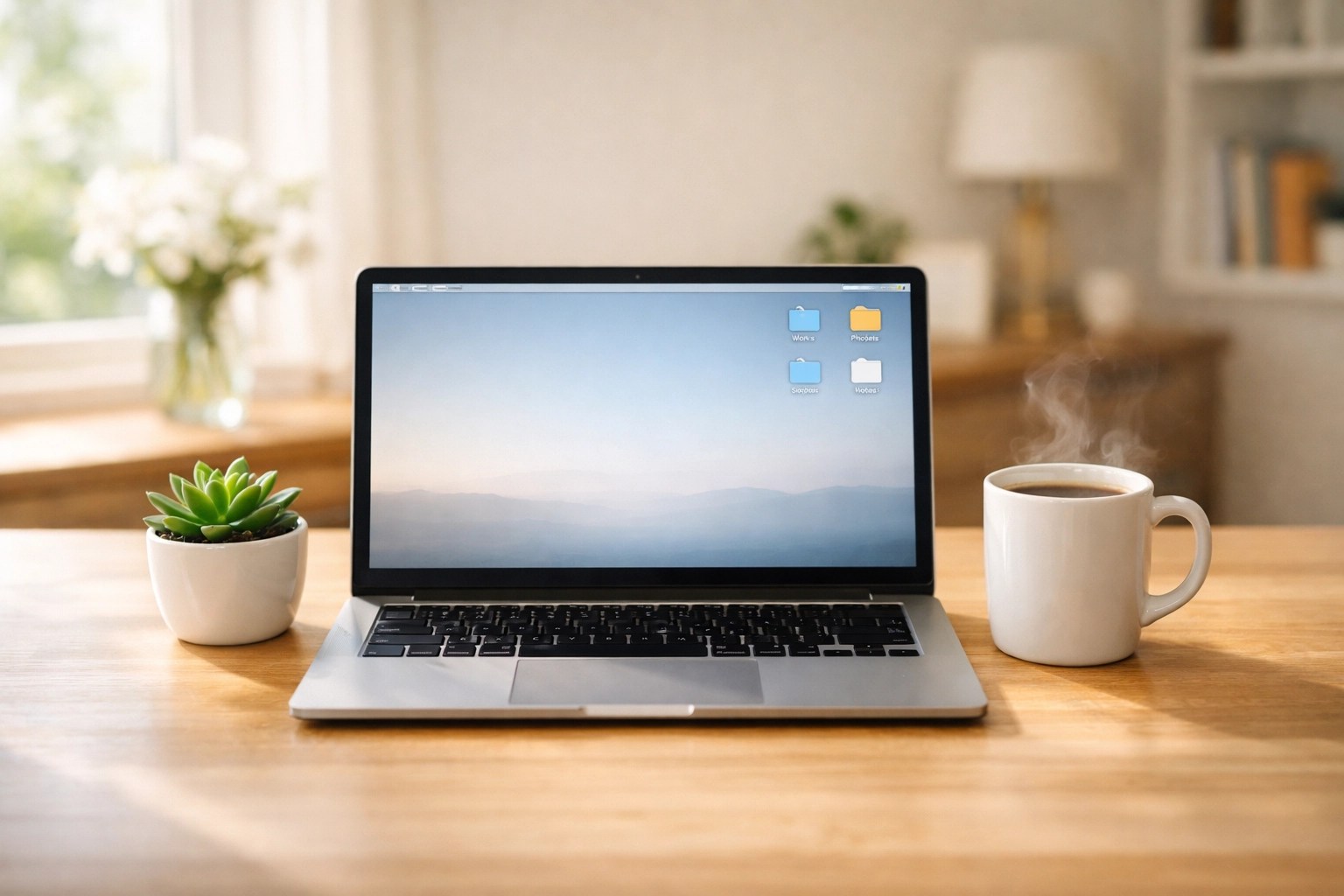 Clean laptop on a sunlit desk with organized desktop folders for a fresh digital start during spring cleaning.
