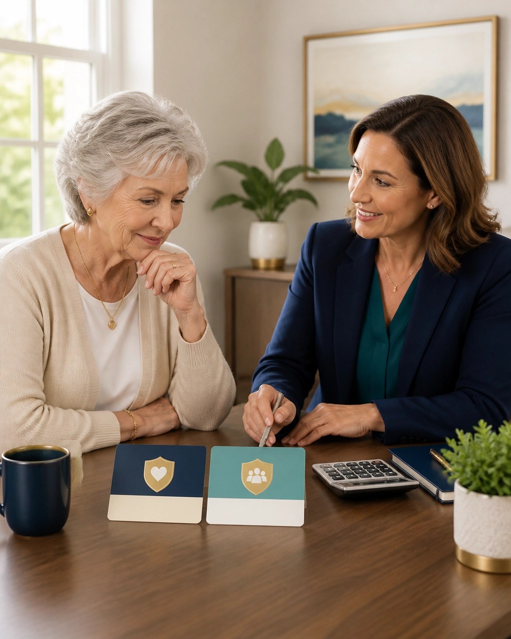 Senior woman comparing final expense insurance options with a friendly advisor