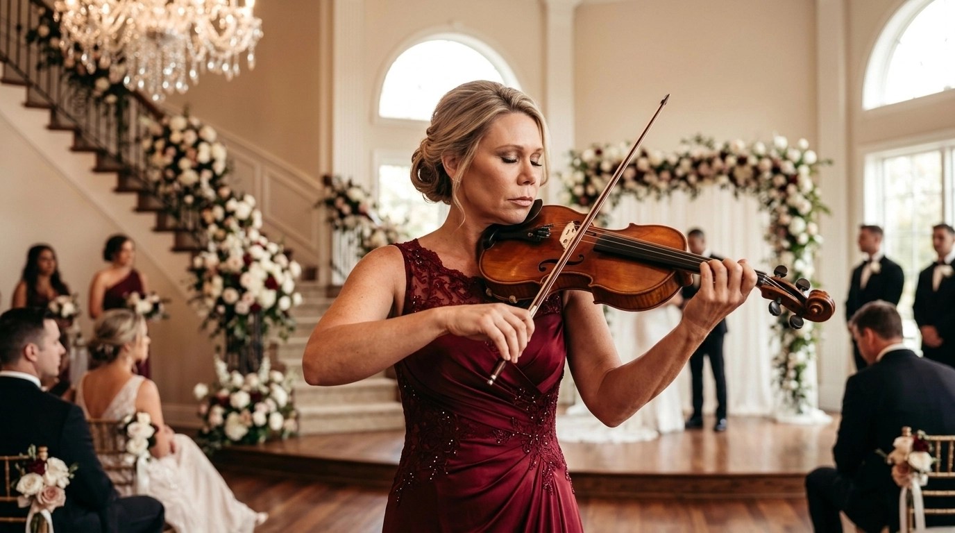 A premium solo violinist performing at a luxury wedding ceremony, radiating elegance and sophistication.