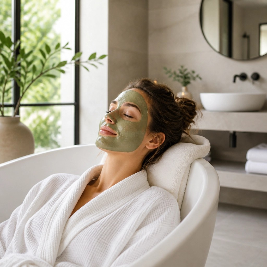 Woman relaxing with a green clay face mask in a bright bathroom