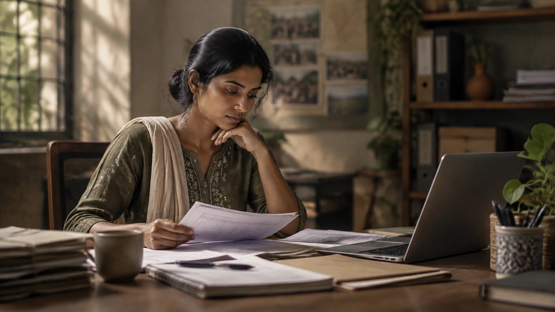An NGO fundraising coordinator reviewing donation records and a laptop at a desk