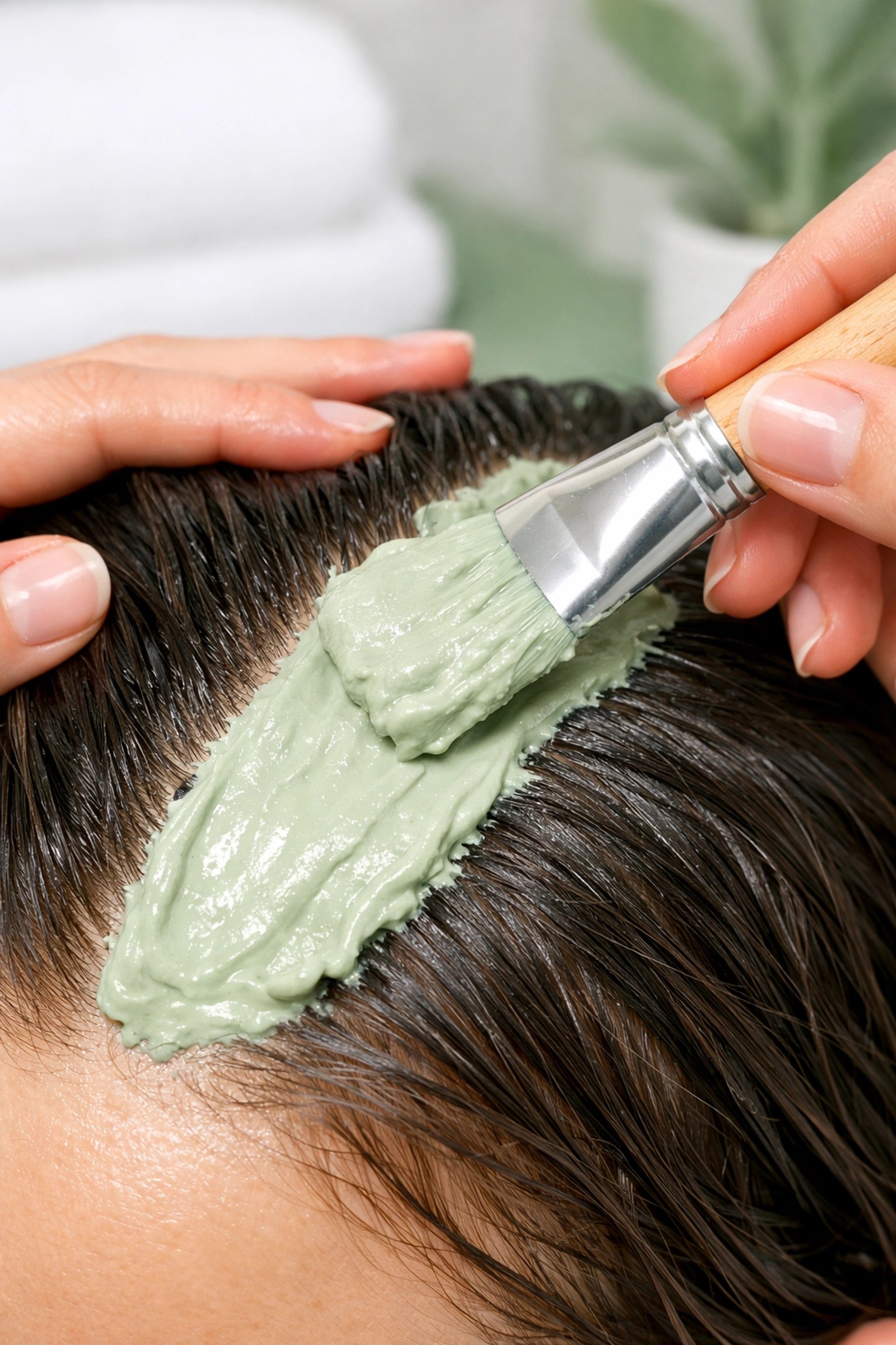 Applying a green clay mask to hair roots for a scalp detox to promote healthy hair growth.