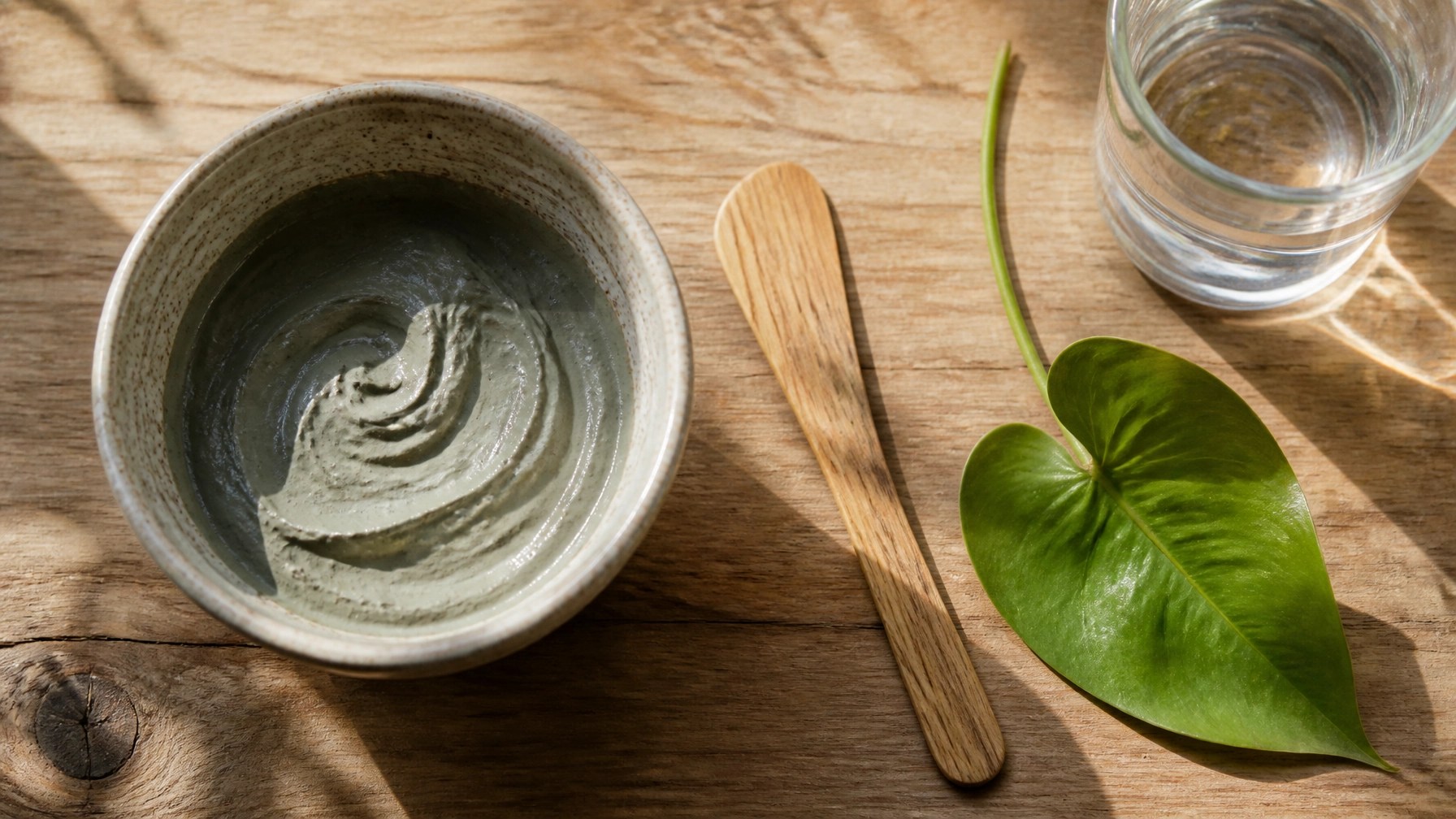 Wellness flat lay with green clay and natural healing tools