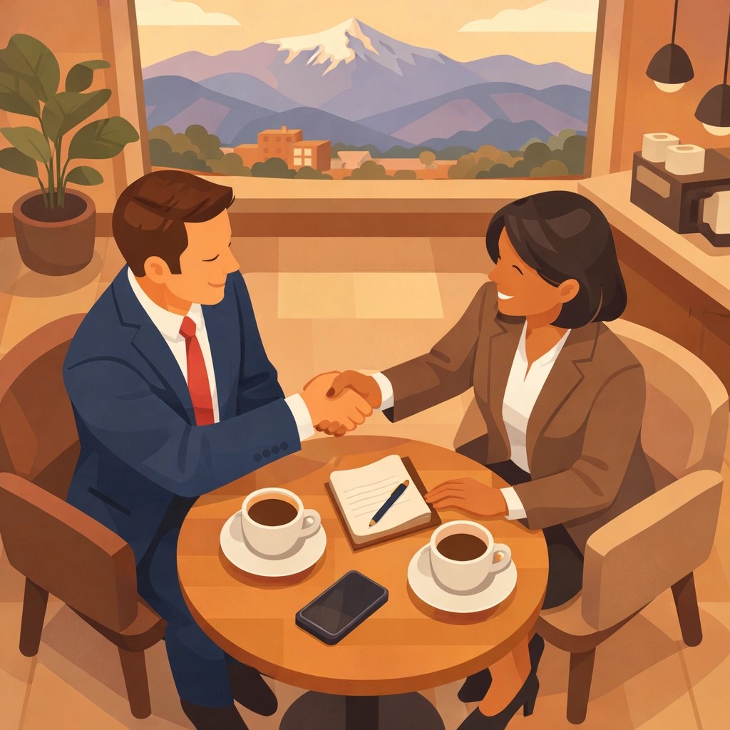 Business professionals shaking hands over coffee in a cozy café, with a mountain view, symbolizing relationship-building and networking for referrals.