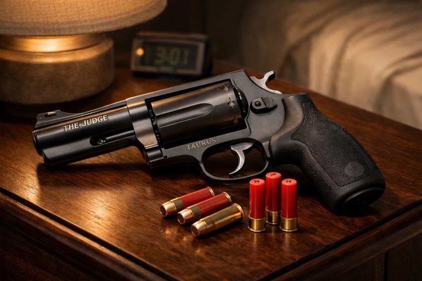 Taurus Judge revolver with .410 shells on nightstand for home defense