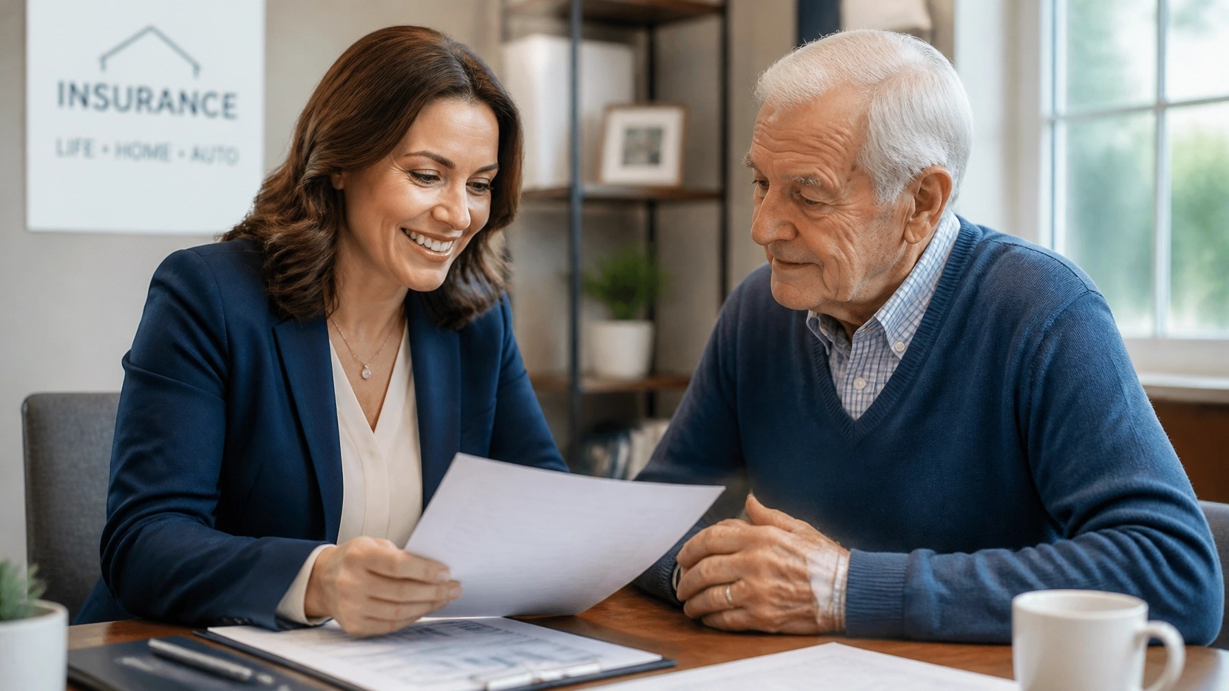 A compassionate insurance advisor sitting with a senior client in a bright, welcoming office