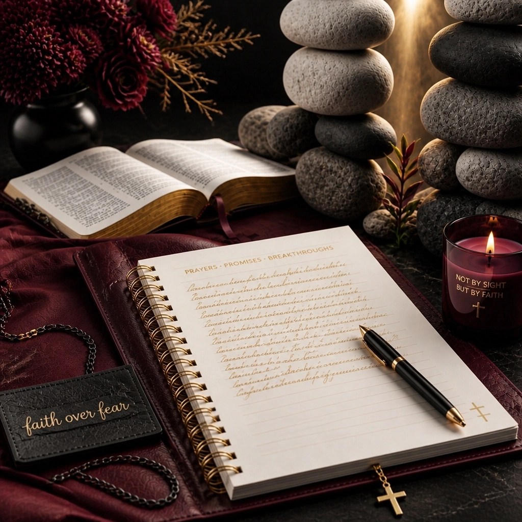 Open prayer journal, Bible, smooth stones, and a sprouting plant representing a wall coming down