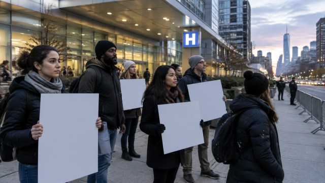 Peaceful demonstrators gather outside a New York City hospital at dusk