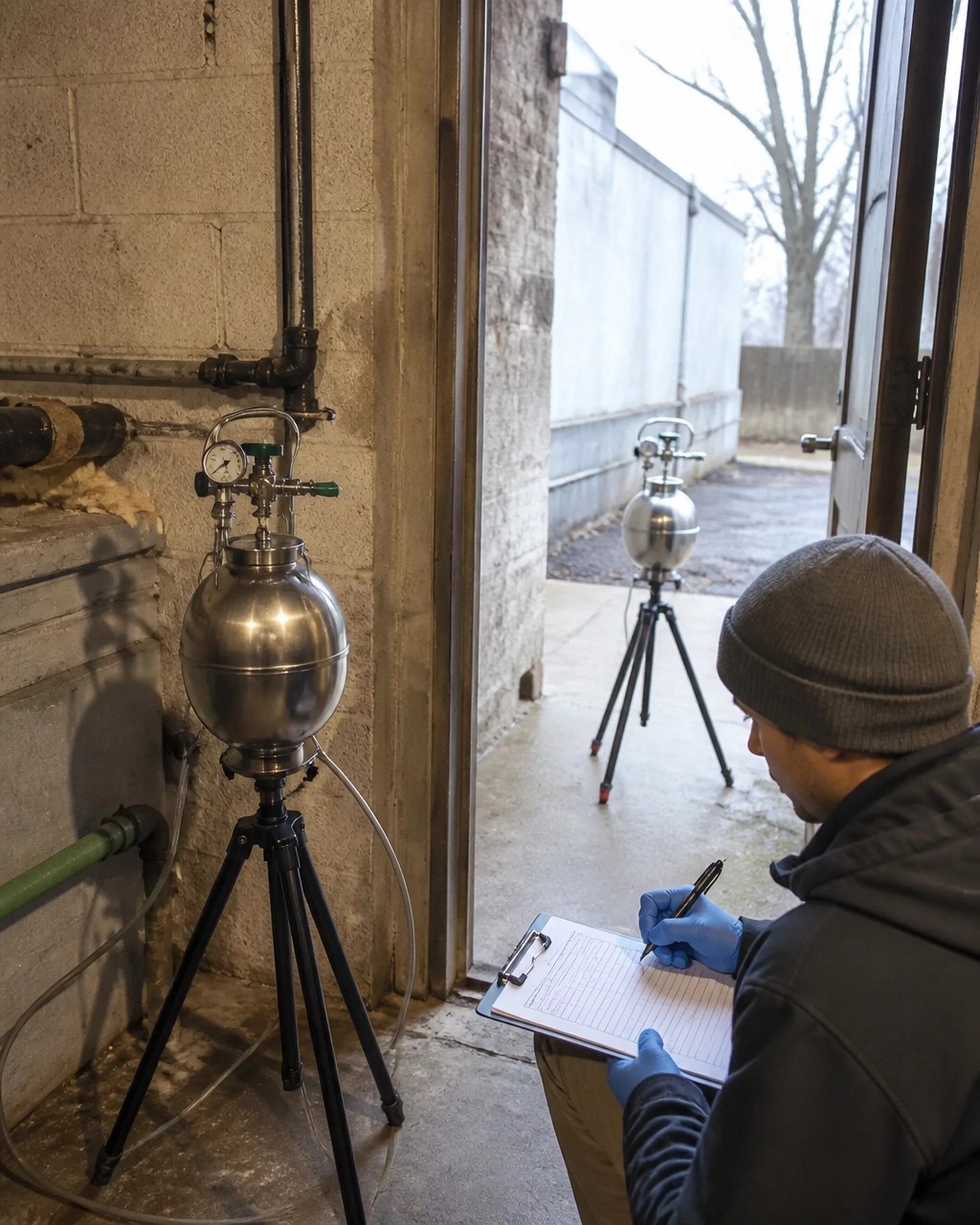 Technician documenting indoor-air and ambient-air sampling with stainless-steel canisters in a New Jersey commercial building