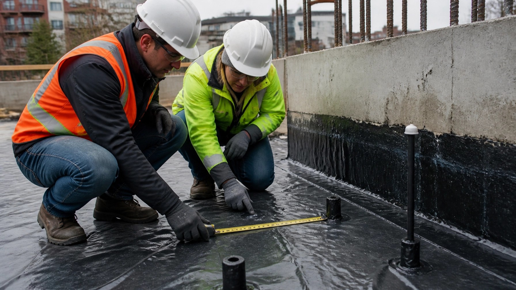 Environmental engineer and construction superintendent inspecting a vapor barrier and foundation control at a brownfield redevelopment site