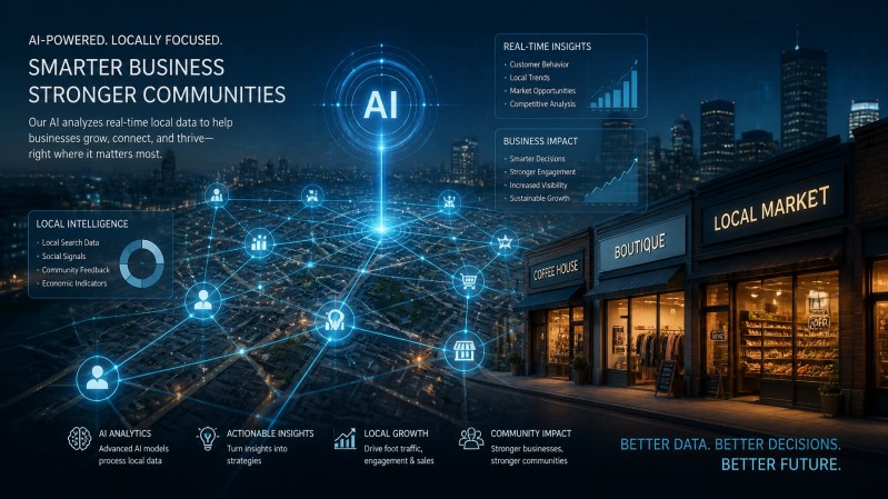 Futuristic AI data network overlaying a city map and local business storefronts