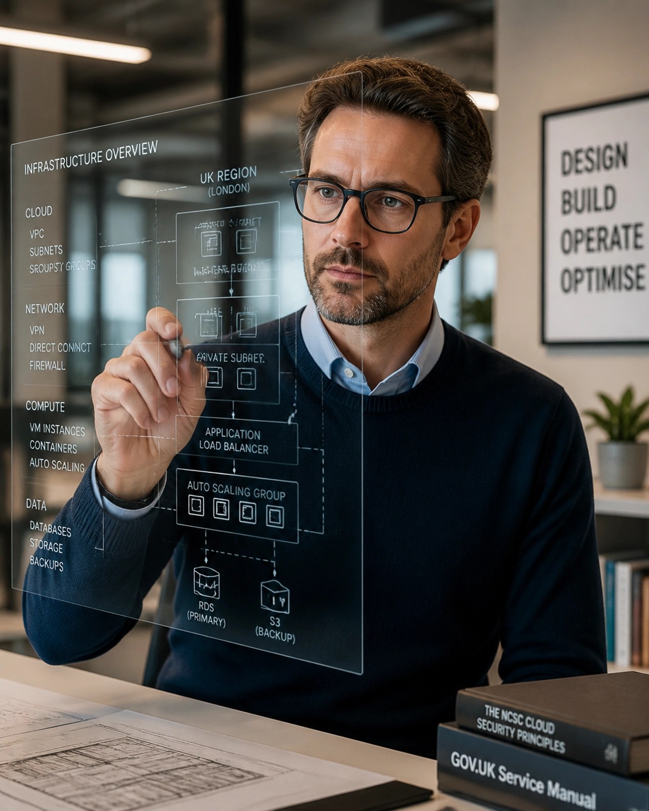 Portrait of a professional technical architect analysing digital infrastructure diagrams.