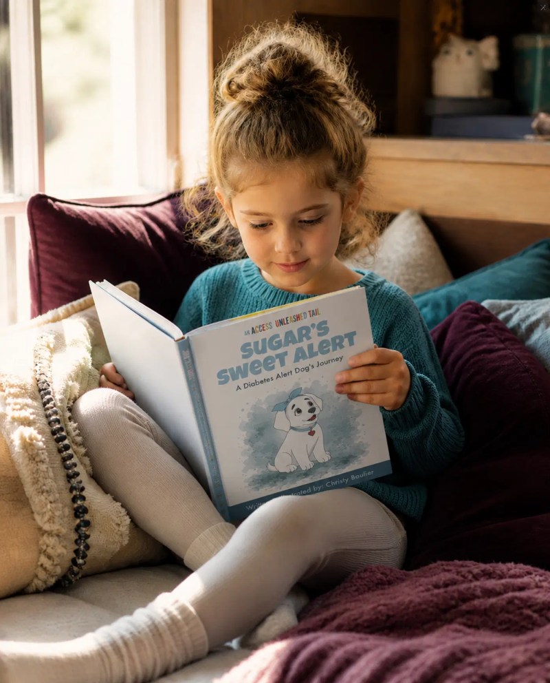 A young girl sitting comfortably on a sofa, deeply engrossed in reading Sugar's Sweet Alert: A Diabetes Alert Dog's Journey.