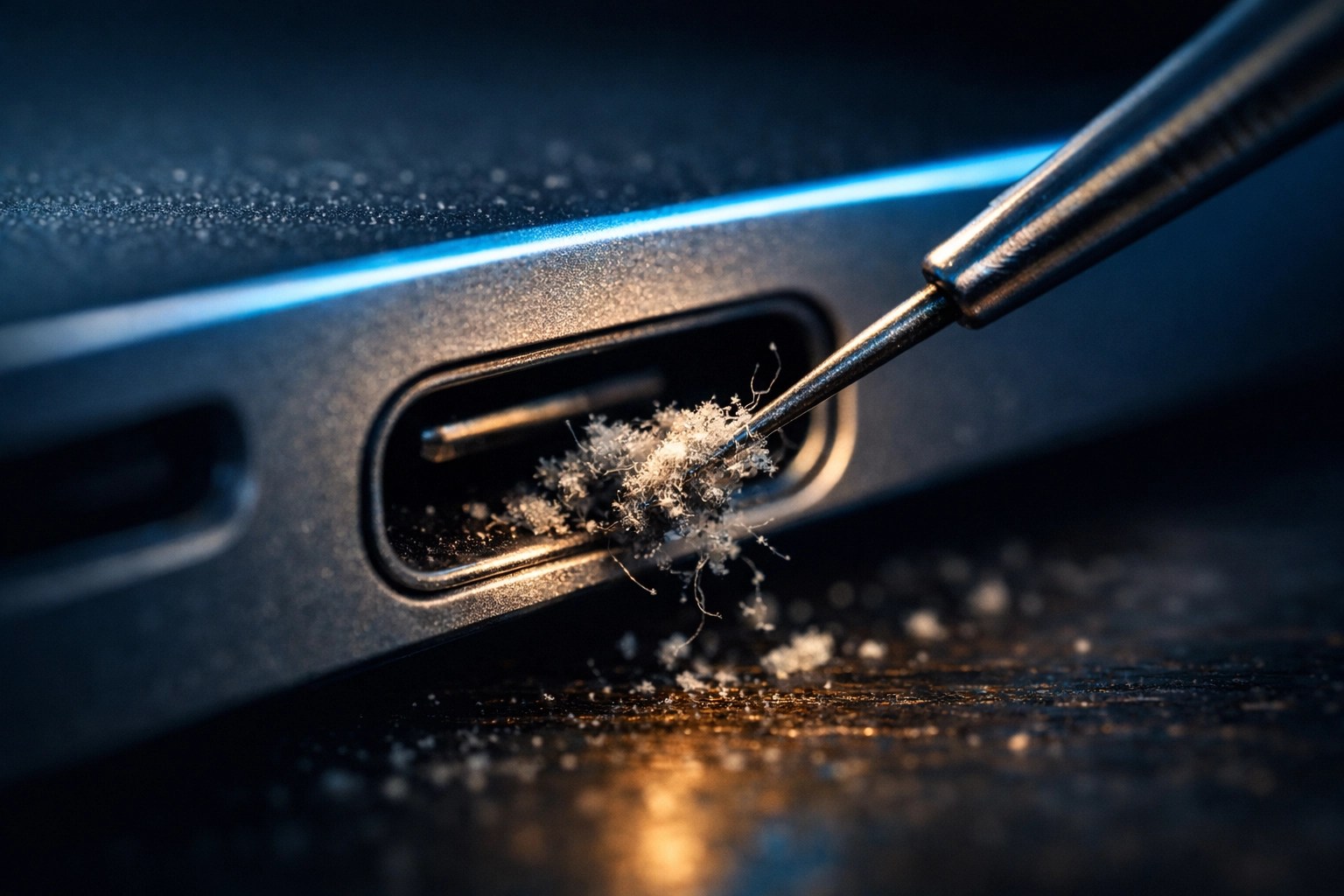 Cleaning lint from a laptop charging port to solve power issues and provide a slow computer fix.