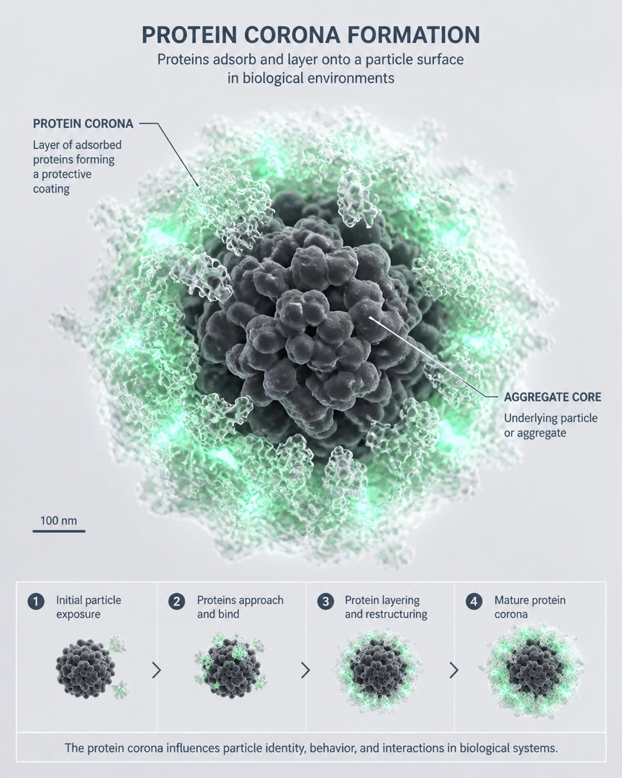 Realistic scientific visualization of a protein corona forming around a microscopic aggregate, representing neuroprotection