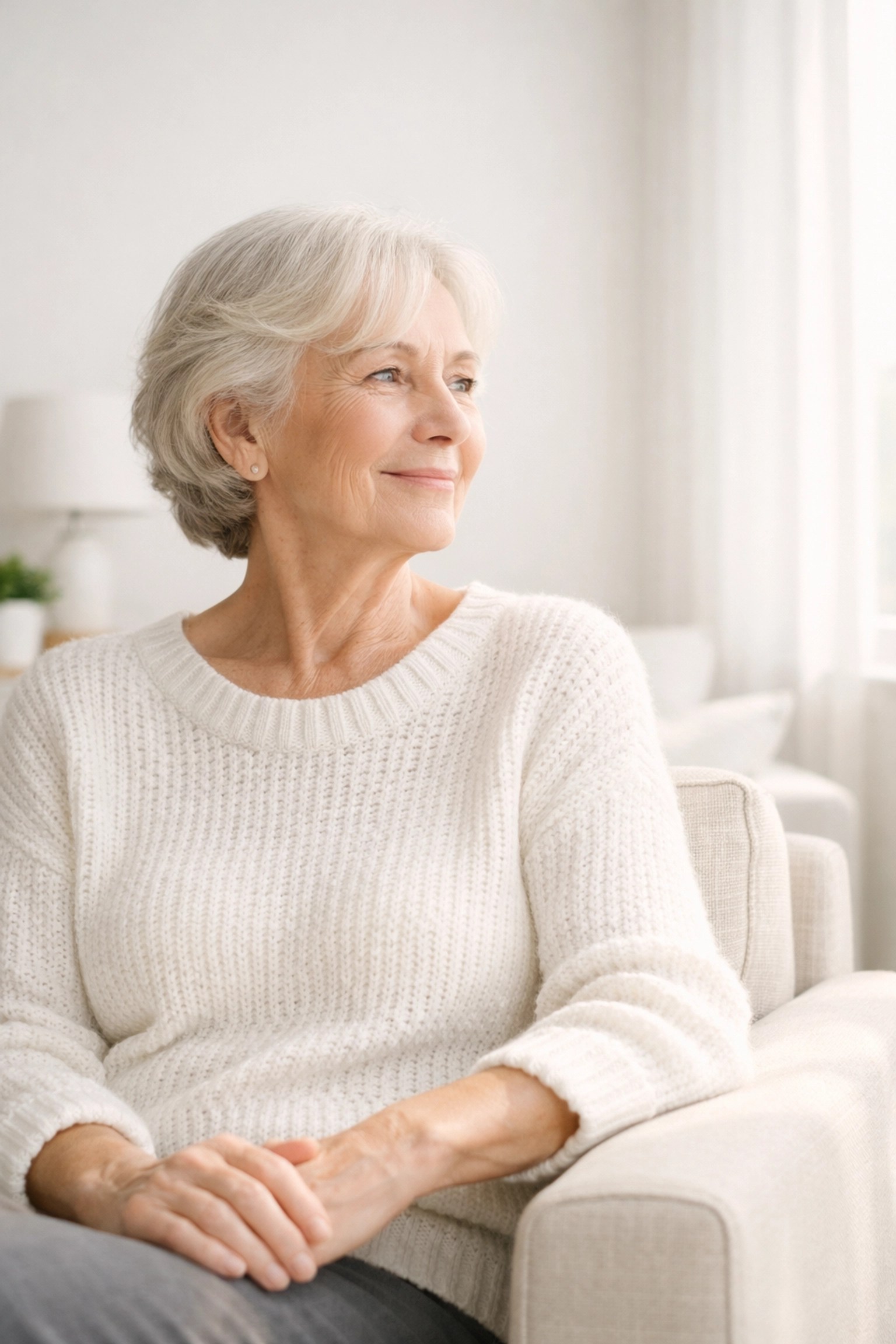 Happy elderly woman at home experiencing the peace of mind of reliable rural healthcare transportation.