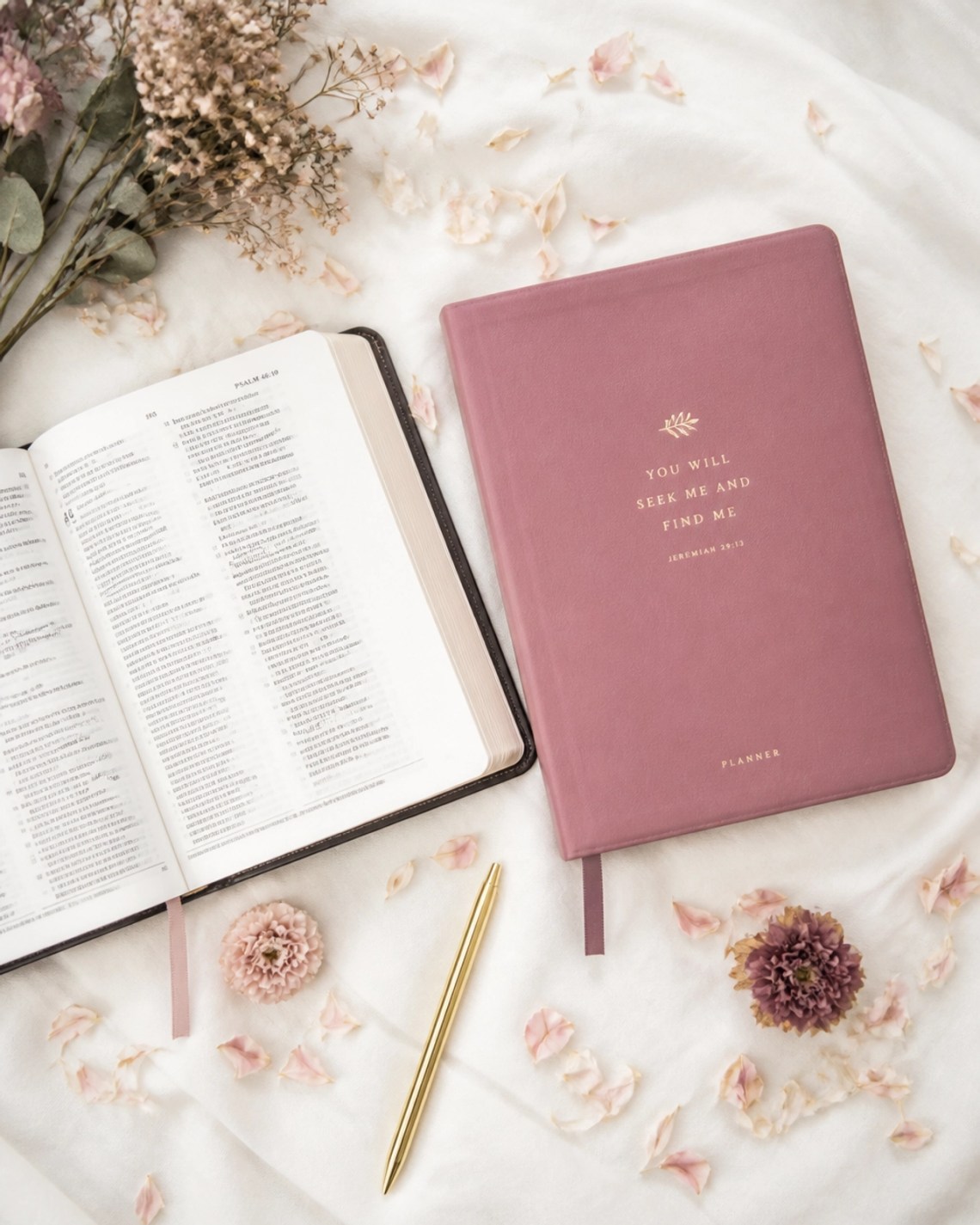 Simple & Sacred: Mastering the SOAP Method for Daily Study 5 A serene shot of a Bible open next to a Dusty Rose planner and gold pen, representing the observation phase of study.