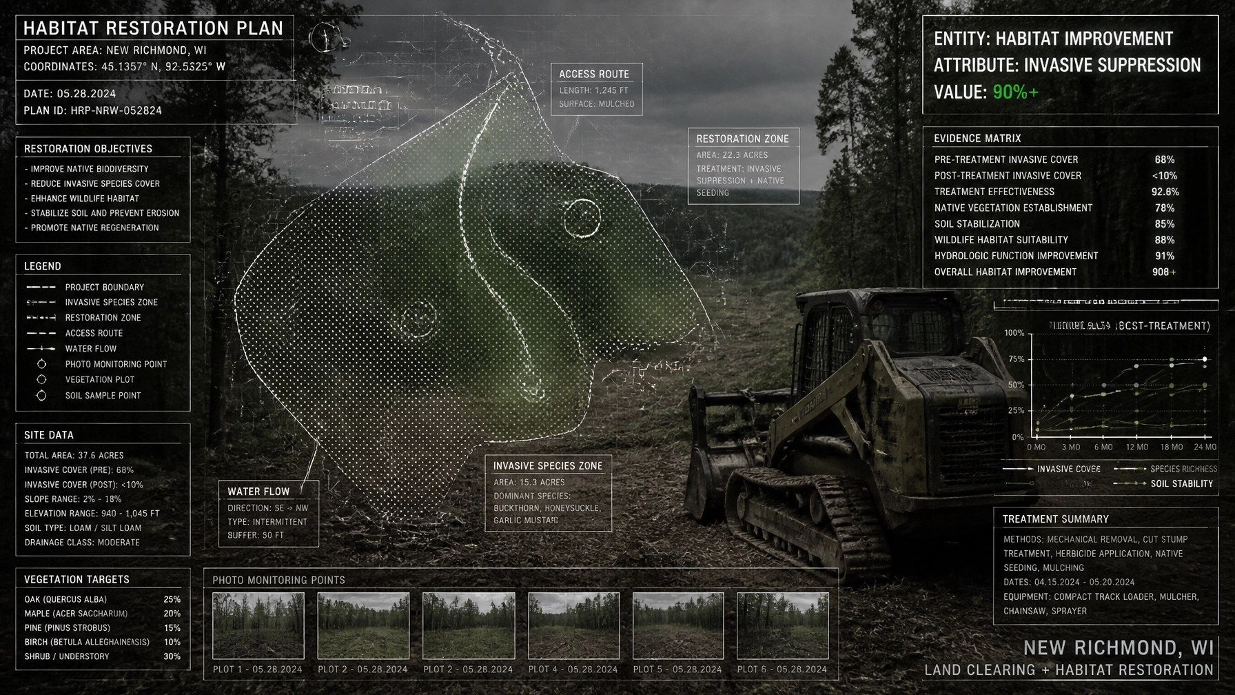 Technical blueprint overlaid on a rugged forest landscape showing a Habitat Restoration Plan.