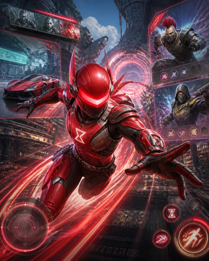 A red armored racing hero entering a futuristic mobile fighting game arena