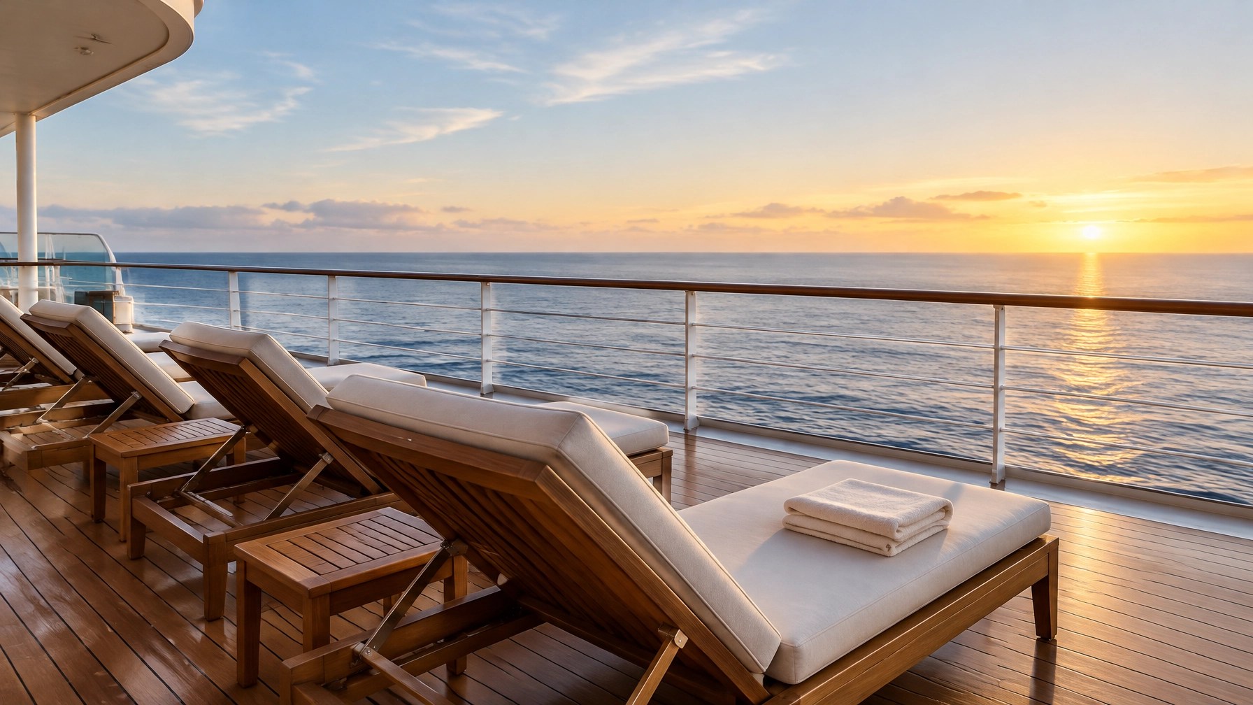 Calm cruise-ship deck chairs facing the sea in the early morning light