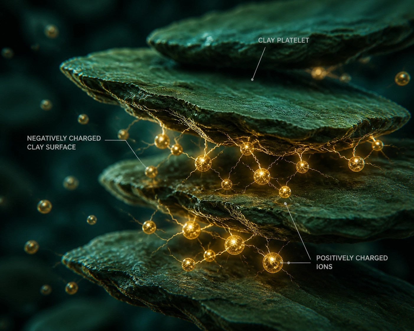 Microscopic visualization of green clay platelets attracting toxins through ionic attraction.