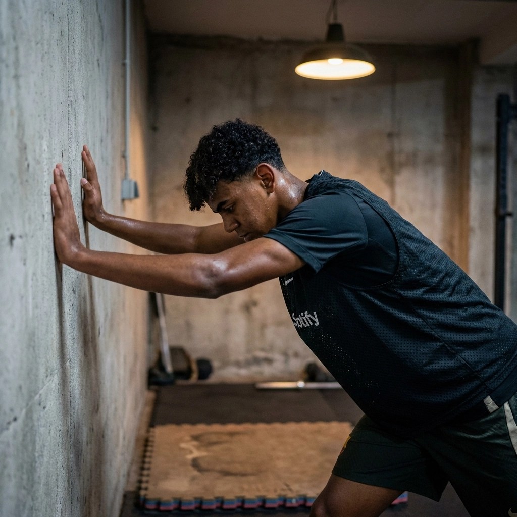 Athlete performing a deep wall stretch to relieve shoulder tension and improve posture.