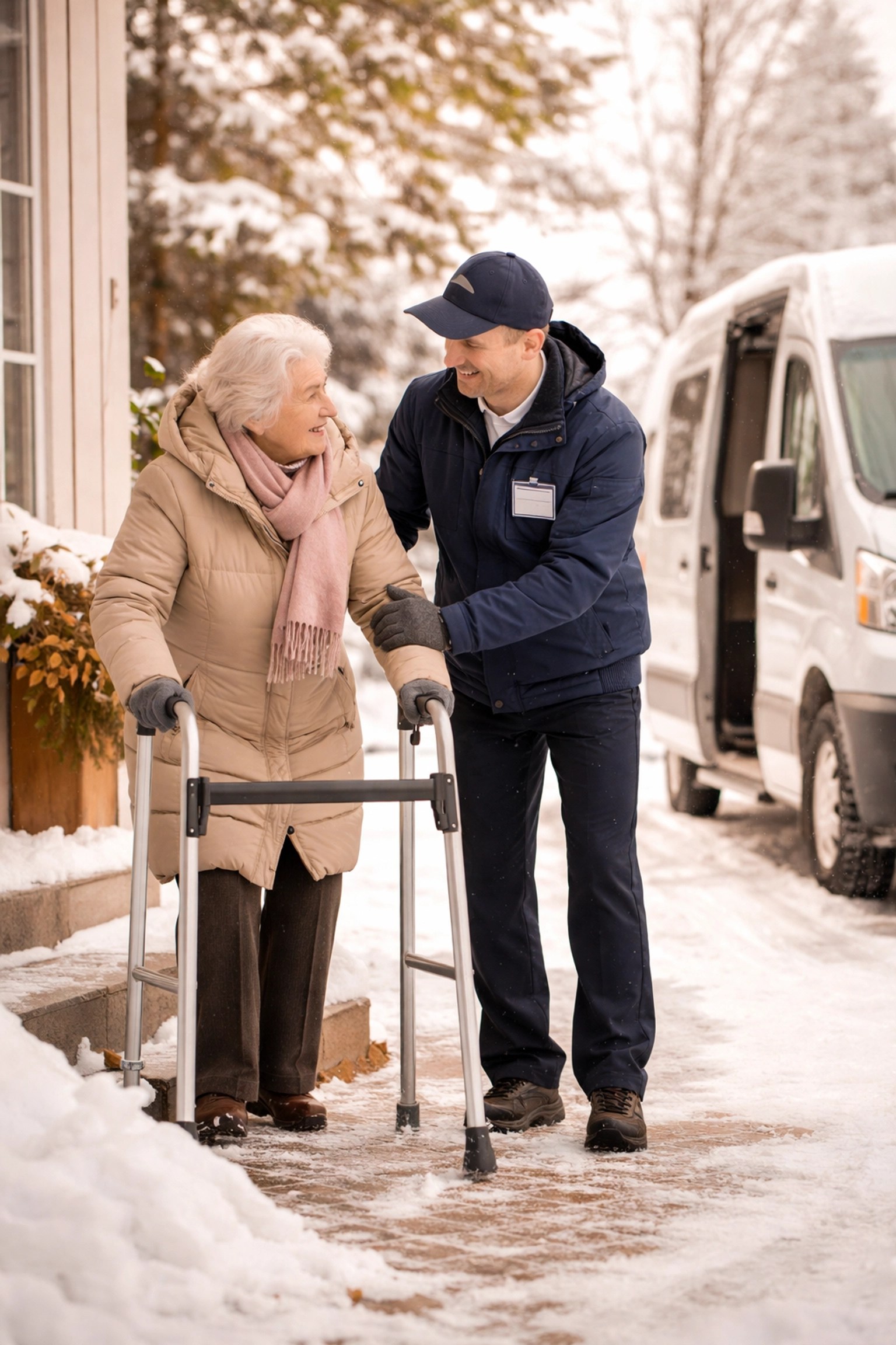 Driver assists elderly patient with walker to vehicle on snowy day, showing safe medical transportation