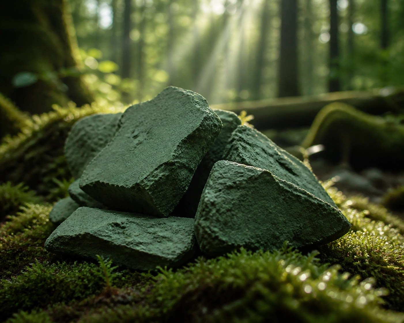 Raw unrefined French green clay chunks in a natural forest setting emphasizing mineral purity.
