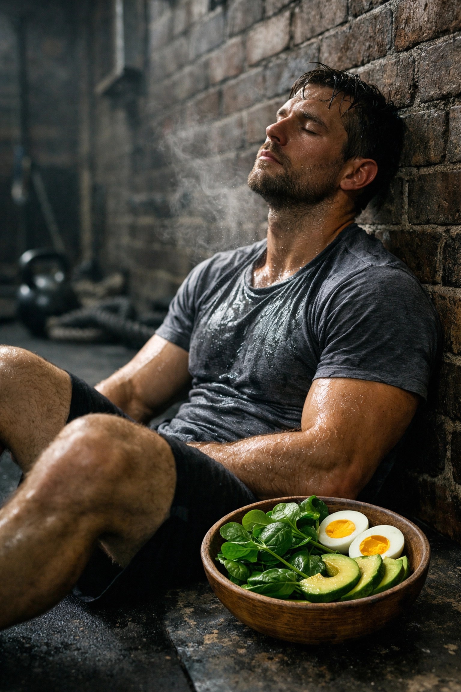 Exhausted athlete resting with a healthy post-workout meal to emphasize the importance of nutrition and recovery.