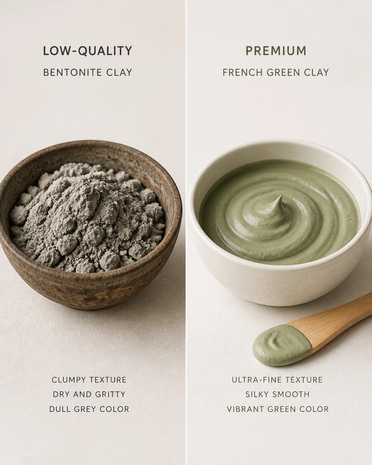 Comparison of low-quality bentonite vs. premium French green clay