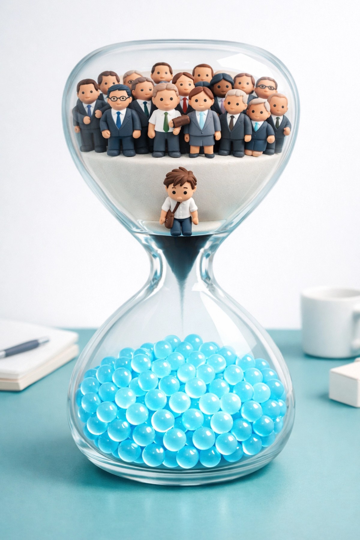 Hourglass representing the AI developmental void with a gap between senior leaders and AI agents.