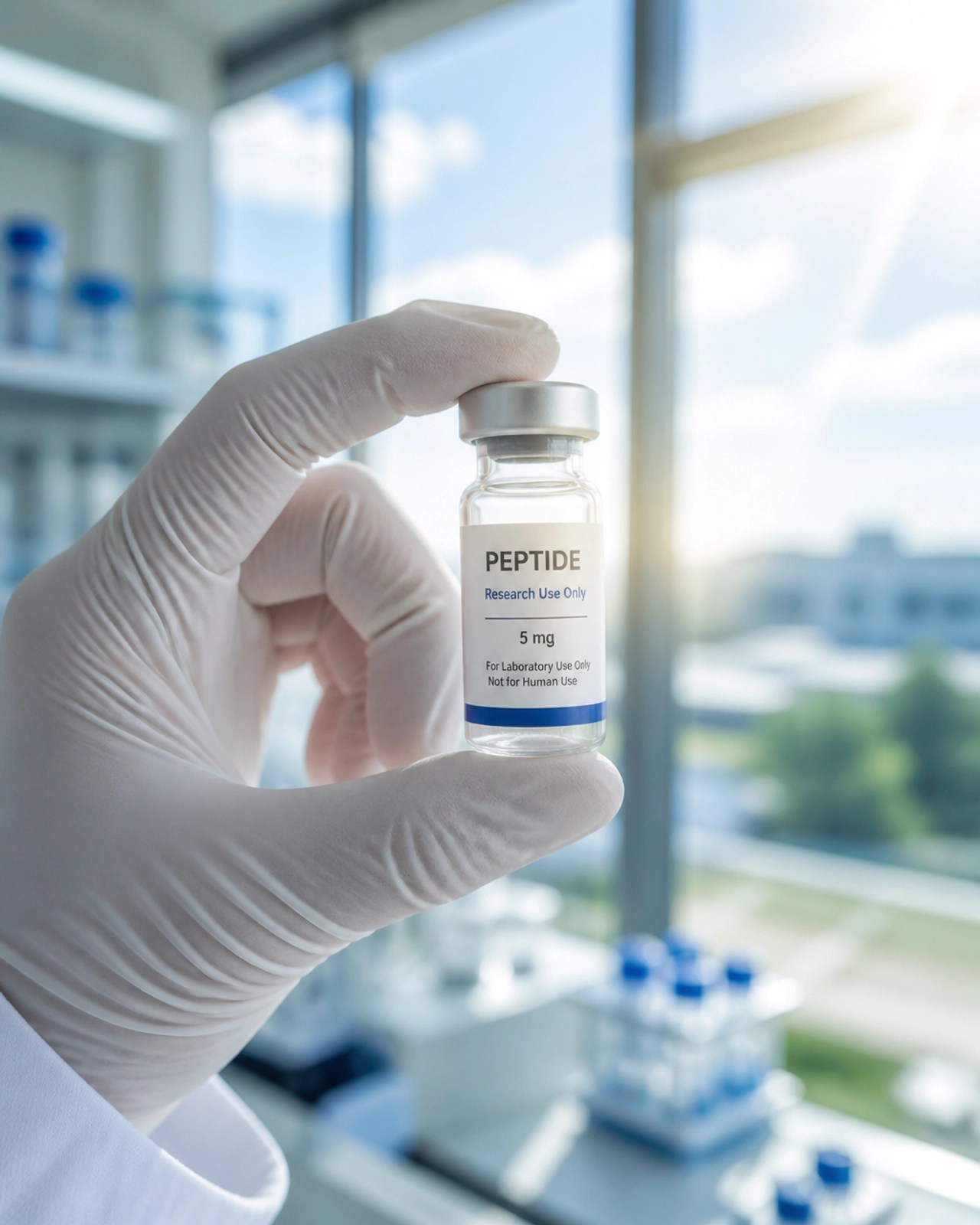Close-up of a hand in a lab glove holding a peptide vial